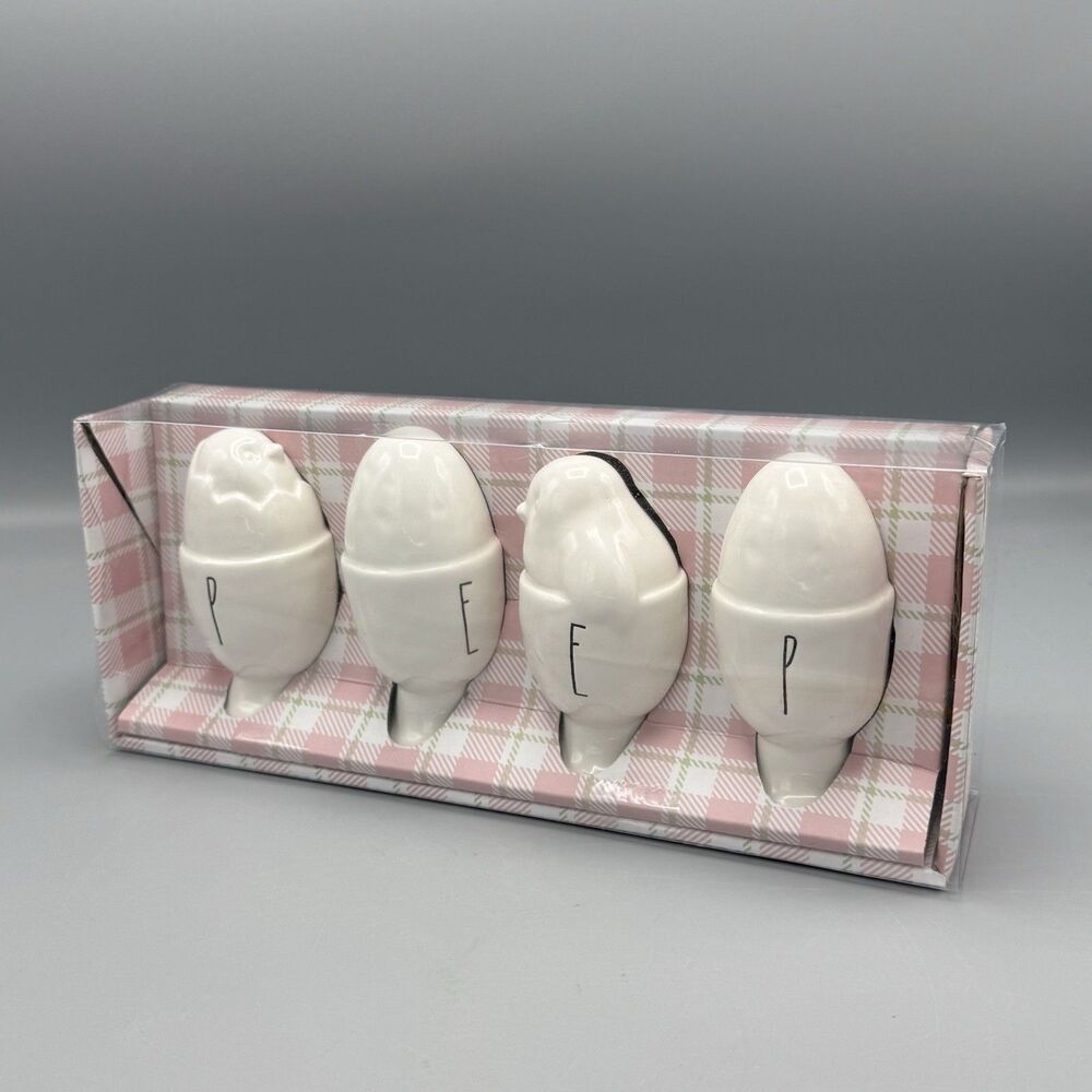 Rae Dunn Artisan Collection by Magenta Set of 4 Chick Egg Cups Plaid Box PEEP